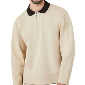 Custom Mens Fashion Long Sleeve Pullover Cotton Hoodie Zip Neck Collar Rugby Polo collar Sweatshirt