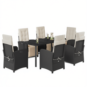 Set da pranzo da giardino in polyrattan nero da 7 pezzi con cuscini, mobili da esterno in stile contemporaneo, resistenti alle intemperie - Product Image 1