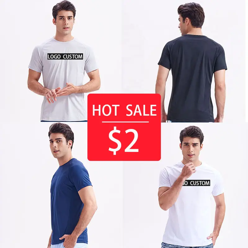 Oferta especial de 2 dólares de descuento T camisas de alta calidad 100% poliéster logotipo personalizado en blanco hombre cuello redondo T camisa