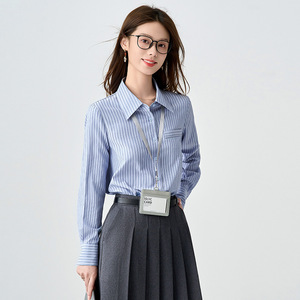 Blue Striped Shirt Women Long Sleeve Slim Fit Work Office Formal Poplin Polyester Fabric Simple Style - Product Image 3