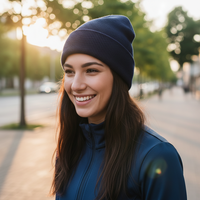 Bonnet uni en acrylique doux à revers, personnalisable avec logo, couleur unie, pour homme, style décontracté, hiver, bleu marine, vente en gros