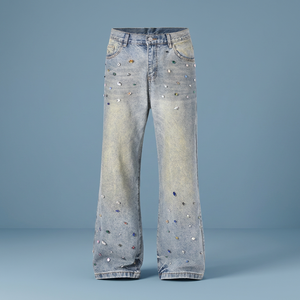 Mens Baggy Rhinestone Jeans Loose Wide-Leg Streetwear Denim with Colorful Crystal Details, Casual Trendy Style - Product Image 3