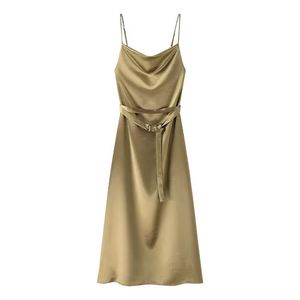 Vestido Midi Sin Mangas de Seda Satinada con Cinturón, Estilo Vintage, Nueva Moda de Primavera para Mujer - Product Image 2