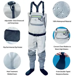 Pantalon de pêche respirant en néoprène, convertible poitrine-taille, avec <span class=keywords><strong>bottes</strong></span> intégrées, imperméable, pour kayak et pêche à la pataugeoire, pour hommes et femmes - En promotion - Product Image 5