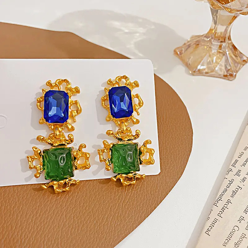 Blue Green Crystal Rhinestone Double Square Drop Earrings Fashion Delicate Cubic Zirconia Geometric Pendant Earrings For Women