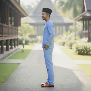 TELUK BELANG Malaysia SIPO Tenue traditionnelle à col mandarin bleu clair pour <span class=keywords><strong>homme</strong></span> avec chapeau noir, chaussures marron - Product Image 2