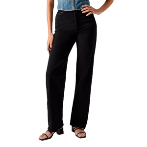 Pantalon noir à taille haute pour femme, coupe droite, décontracté, en sergé de coton, pour le bureau, pantalon à cinq poches, pantalon tendance pour femme - Product Image 1