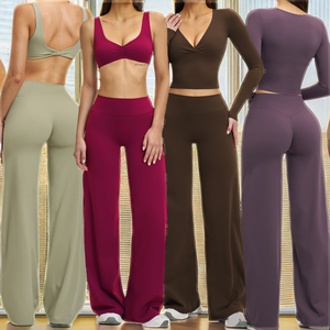<b>Padded</b> Long Sleeve Deep V <b>Neck</b> Yoga Bra Set Elastic Waist Scrunch Front Twist Back Wide Leg Pants Quick Dry Women 3-Piece - Product Image 2