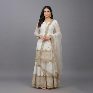 White Sharara Suit Floor Length Indian Pakistani Set Gold Embroidered Wedding <b>Party</b> <b>Wear</b> - Product Image 1