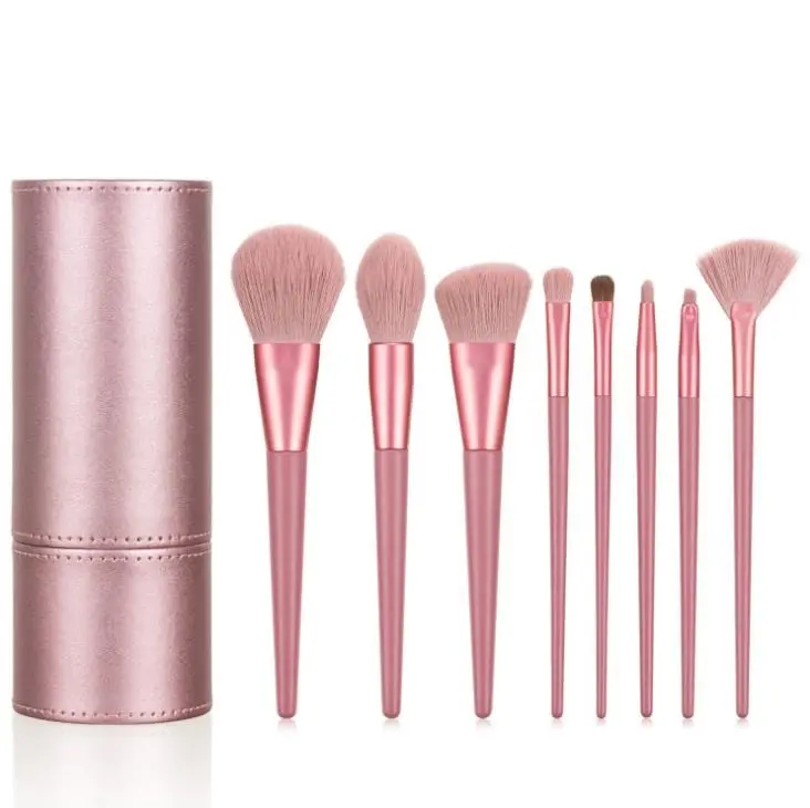 Kit de pincéis de maquiagem para base rosa portátil de alta qualidade, 8 unidades, conjunto de pincéis cosméticos de maquiagem de beleza com bolsa de armazenamento em PU
