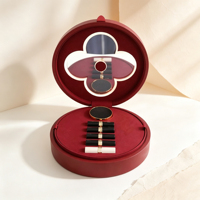 Boîte de rangement de maquillage ronde en velours bordeaux personnalisée avec fermoir métallique, étui pour rouge à lèvres, boîte cadeau, boîte de beauté de luxe en cuir