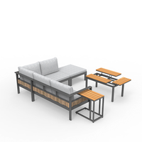 Ensemble de canapé d'angle en rotin avec structure en aluminium Dwoo, 5 pièces, avec table basse en WPC relevable et coussins épais de 8 cm pour la terrasse et le jardin