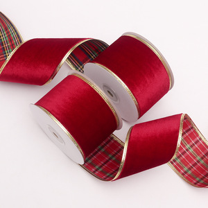 Nastro in Velluto di Poliestere a Quadretti con Bordo Dorato da 6,3 cm, Pronto per l'Uso, per Fiocchi Natalizi Fai-da-Te - Product Image 3
