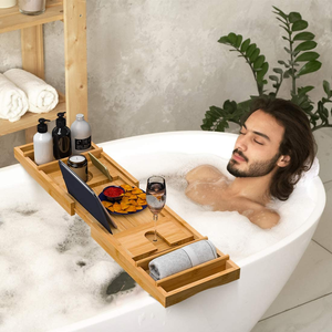 Plateau de bain personnalisé en bambou, <span class=keywords><strong>caddie</strong></span> de salle d'eau moderne, avec côtés extensibles, plat à savon gratuit - Product Image 5