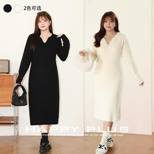 รันฉีเดรสยาวถักคอวีสำหรับผู้หญิงไซส์พลัส ทรงเข้ารูป ความหนาปานกลาง แฟชั่นเรียบง่าย สไตล์ลำลอง - Product Image 5