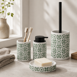 Juego de Baño de Resina con Diseño Floral Verde Estilo Mediterráneo, Accesorios con Patrones y Acabado de Arenisca Blanca - Product Image 2