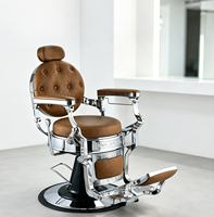Fauteuil de barbier pivotant hydraulique classique de luxe à boutons capitonnés marron pour salon de coiffure professionnel