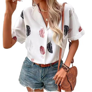 Blusa de Verano para Mujer, 6 Colores, Estampado Floral, Transpirable, de Poliéster, Moderna, con Estampado de Plumas, Manga Corta, Casual, con Botones al Frente - Product Image 1