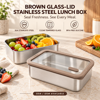 Boîte à lunch Shangwey en acier inoxydable 304 avec couvercle en verre transparent et bord orange, étui de rangement alimentaire portable, idéal pour la cuisine, le travail et les pique-niques