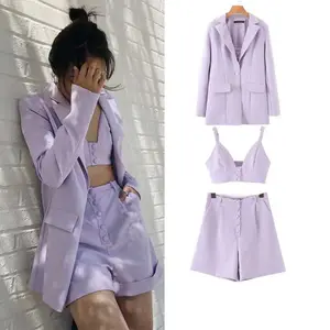 Office purple 3 Pieces Tank Top High Waist Shorts Ropa Damas Set De Mujer Ensemble Blazer Classy Clothing For Women Ladies Suits