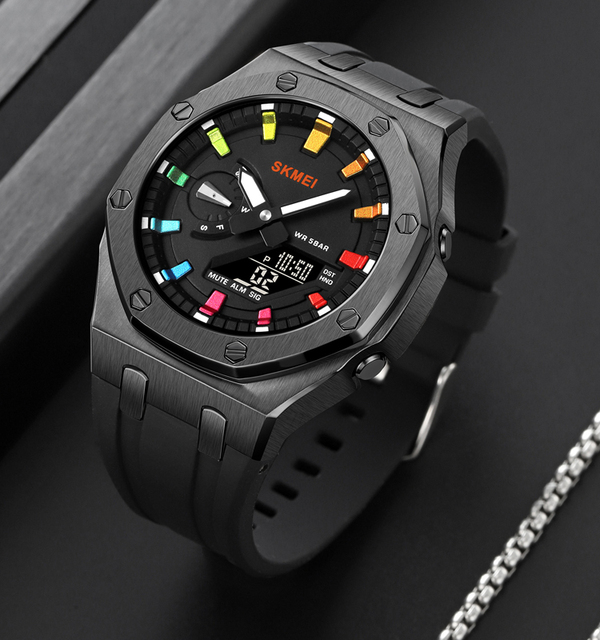 SKMEI 2243 Dual Time Waterproof Watch World Time Chronograph Alarm Daylight Saving Time Feature Fashionable Silicone Gel