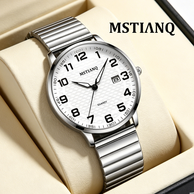 Wholesale Simple Stainless Steel Elastic Band Large Number Scale Date Waterproof Men's Quartz Watch Customized Logo