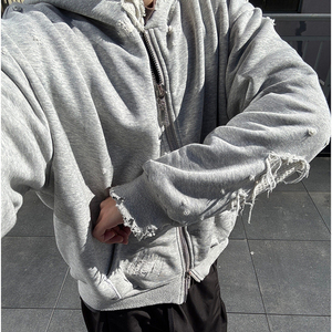 Men Oversized Waffle <b>Lined</b> Hooded Sweatshirt Streetwear Jacket Custom Logo Vintage Distressed Grey Zip up <b>Hoodie</b> - Product Image 4