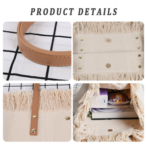 Fashion Design Cotton Canvas Linen Tote <b>Bag</b> Fringe Tote <b>Bag</b> with Tassel Custom Embroidered Logos - Product Image 4
