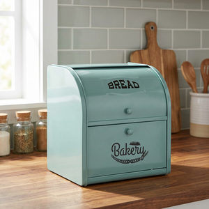 Caja de Pan Metálica de 2 Niveles con Tapa Abatible, Contenedor de Almacenamiento de Pan a Prueba de Polvo para Encimera de Cocina, Verde Moderno - Product Image 1