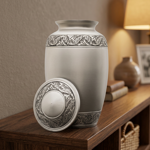 Silver Metal Cremation Urn <b>for</b> Human Ashes 220 Cubic Inch Capacity Durable Design with Embossed Lid Keepsake <b>Box</b> - Product Image 1
