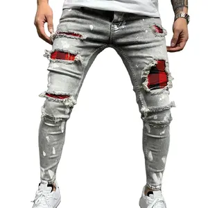 Stretch Man Jean Patch Grijs Afdrukken Mannen Broek & Broek Zwart En Blauw Mode Broek Voor Man Jeans Broek