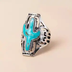 Hot sale Western Jewelry vintage navajo tipi dramatic cactus turquoise enamel stone ring unisex