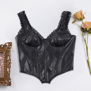 Gilet court en similicuir PU Y2K avec bordure en dentelle, style gothique, écologique, respirant, sexy, débardeur bustier zippé sur le devant pour club et soirée - Product Image 1