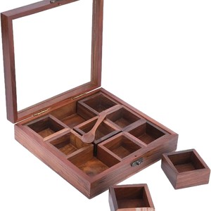 Wooden <b>Vintage</b> Spice Storage <b>Box</b> Flip Top Transparent Glass Divided Compartments Condiment Organizer Kitchen Use - Product Image 5
