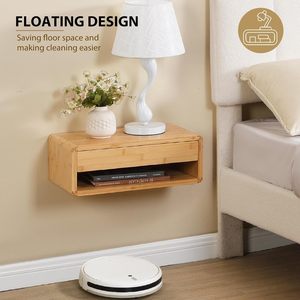 Mesita <span class=keywords><strong>de</strong></span> <span class=keywords><strong>noche</strong></span> flotante <span class=keywords><strong>de</strong></span> bambú con cajón <span class=keywords><strong>de</strong></span> almacenamiento, mesita <span class=keywords><strong>de</strong></span> <span class=keywords><strong>noche</strong></span> montada en la <span class=keywords><strong>pared</strong></span> completamente ensamblada con estante abierto - Product Image 2