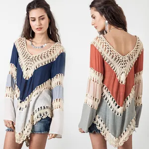 New Women Bohemia Cotton V-neck Long Sleeve Hollow Out Crochet Girls Color Matching Loose Pullover Blouse Tops Beach Overall