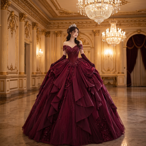 Vestido de Gala Borgoña con Hombros Descubiertos, Escote Corazón, Largo hasta el Suelo, de Tul y Tafetán Radiante, Estilo Vintage con Cola Capilla - Product Image 2