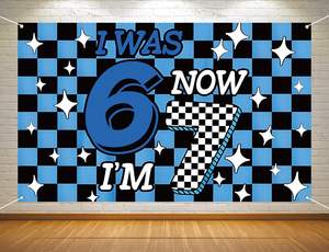 Decorazioni per Festa di Compleanno 6-7 Anni, Sfondo Blu a Quadretti 'Io avevo 6 anni, ora ho 7', Banner per Photo Booth, Sfondo per Aula Scolastica - Product Image 2