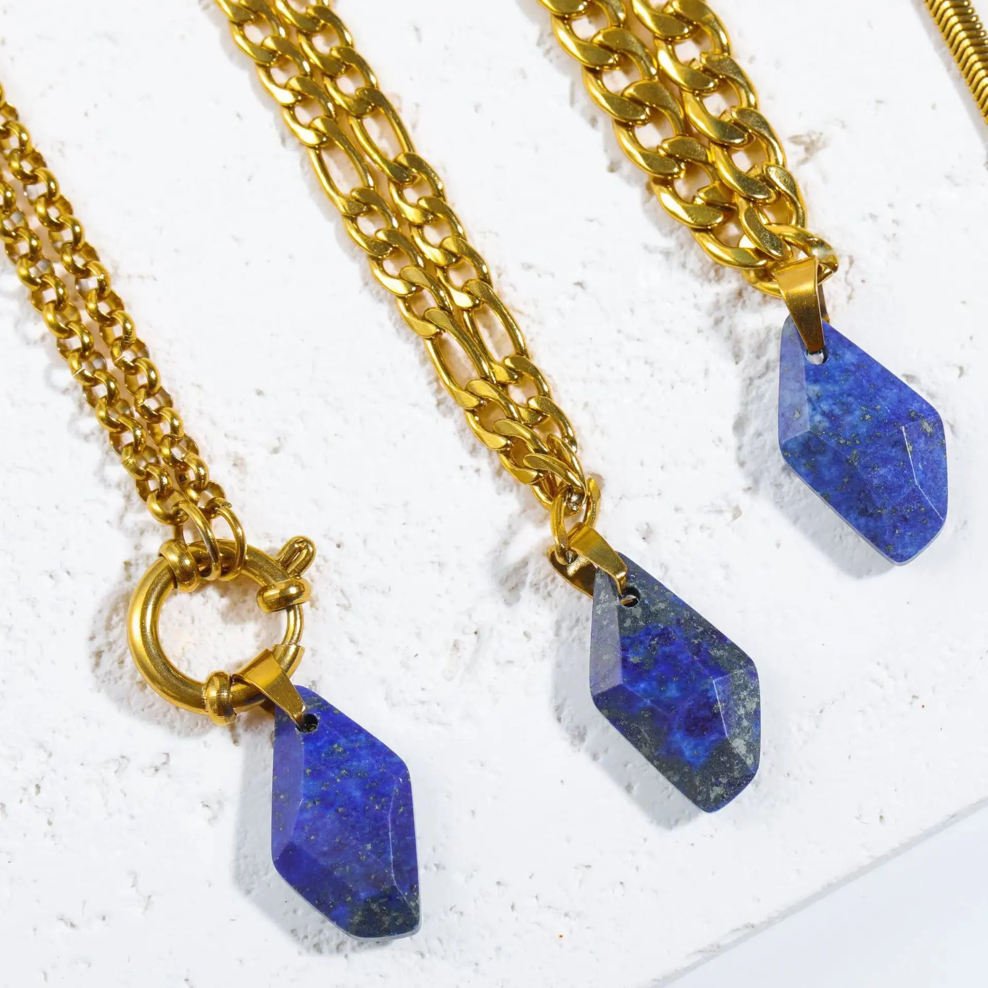 18K gold healing jewelry nature crystal stone irregular square lapis lazuli chain pendant bead necklace for men women