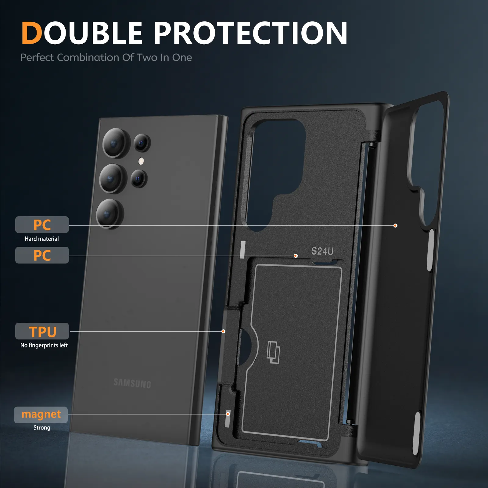 Yeni tasarım darbeye dayanıklı damla koruma kapağı takılı iki kart TPU PC telefon kılıfı tutucu S22 S23 S24 artı ULTRA Samsung