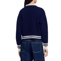 Pull-over en tricot jacquard épais 100 % coton pour femme, motif torsadé en relief, avec rayures contrastées, style preppy, idéal pour club de tennis - Vente en gros personnalisée