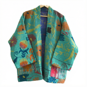 <b>Vintage</b> Floral Kantha Jacket Bohemian Loose Fit Cotton <b>Kimono</b> Style Women Outerwear - Product Image 1