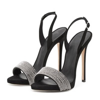 Sandales en daim à diamants pour femmes, taille 46, talons hauts fins, robe, talons aiguilles, fête, bout carré ouvert, à enfiler, à bride arrière