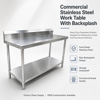 Table de travail en acier inoxydable pour usage commercial avec dosseret et étagère inférieure, table de préparation pour cuisine de restaurant
