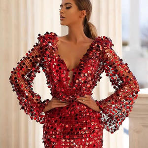 Abito da sera elegante rosso con paillettes <span class=keywords><strong>Istanbul</strong></span>, a maniche lunghe, scollo a V sexy, vita naturale, lunghezza al pavimento, per feste estive - Product Image 5