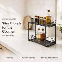 Rak Keranjang Kawat Logam Geser 2 Tingkat untuk Organizer Dapur, Kamar Mandi, Lemari, dan Meja Dapur