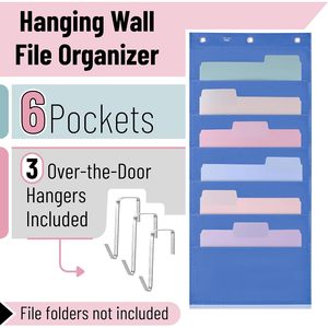 Hanging Wall <b>File</b> Organizer 6 Pocket Blue With 3 Stainless Steel <b>Hangers</b> For Office Storage Behind Doors Or On Walls - Product Image 3