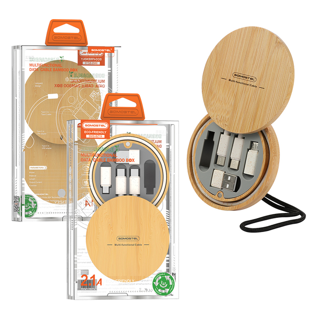 [Somostel Cable]BZ19 2A Gift Eco-friendly Biodegradable Bamboo Cover USB Charger Cable Logo Customized Multi-Function