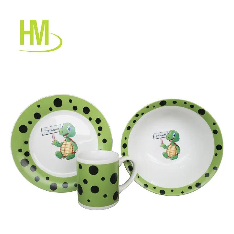 Conjunto de jantar de porcelana infantil com tigela caneca e prato de café da manhã, 3 peças