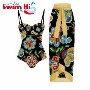2023 Vintage Printed 1 Pieces+beach Long Kaftan Beach Cover Up Robe De Plage Sarong Beachwear Cover-ups Swimwear Skirt Oem
